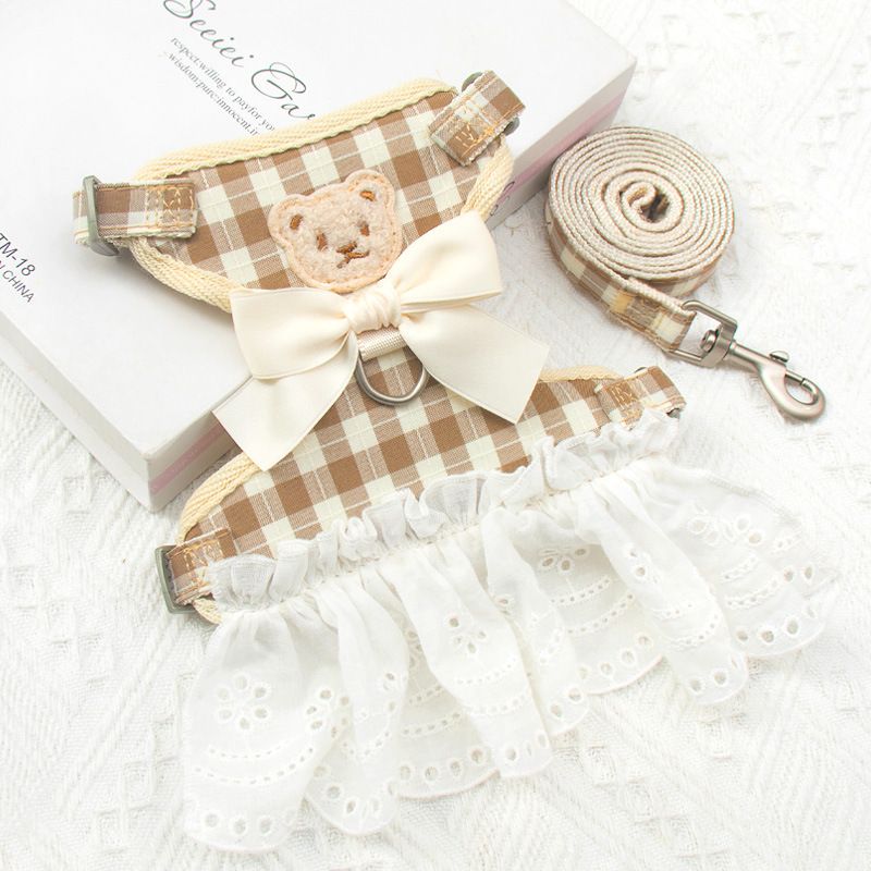 Pet Traction Strap Polyester Cat Dog Apricot large grid S-size cotton nylon