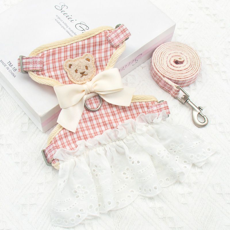 Pet Traction Strap Polyester Cat Dog Pink grid M size cotton nylon mesh cloth