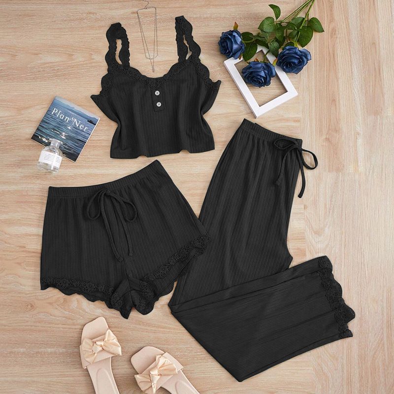 Subtle Lace Women Pajamas Set Sleepwear Wine Red view 3