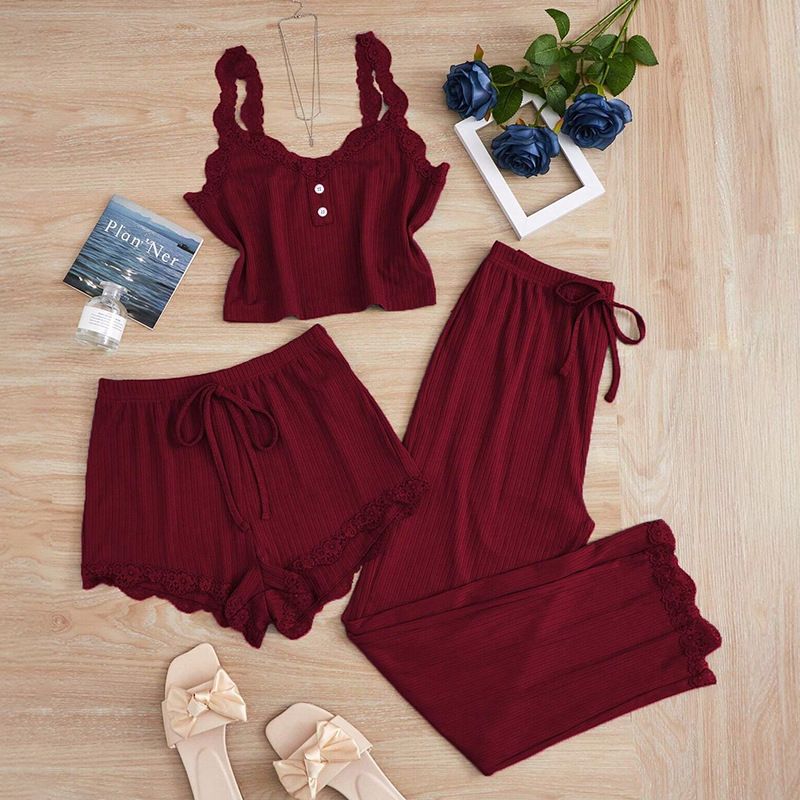 Subtle Lace Women Pajamas Set Sleepwear Wine Red view 2
