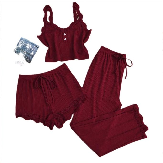 Subtle Lace Women Pajamas Set Sleepwear Wine Red XXL view 6