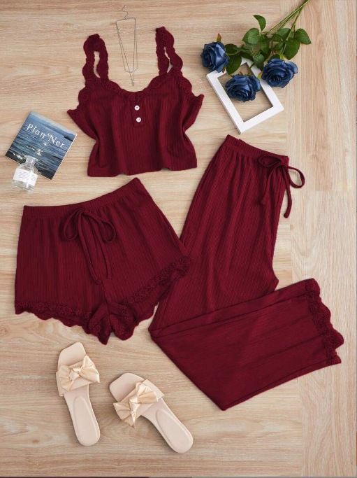 Subtle Lace Women Pajamas Set Sleepwear Wine Red XXXL