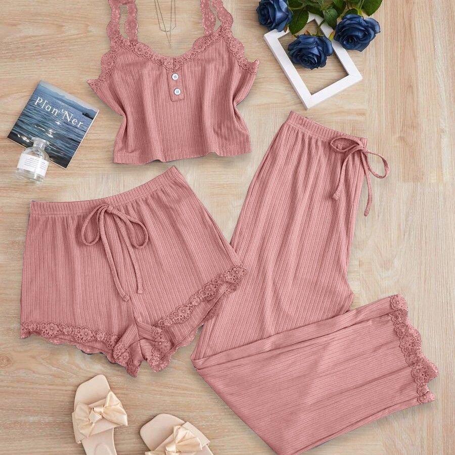 Subtle Lace Women Pajamas Set Sleepwear Wine Red XXXL view 4