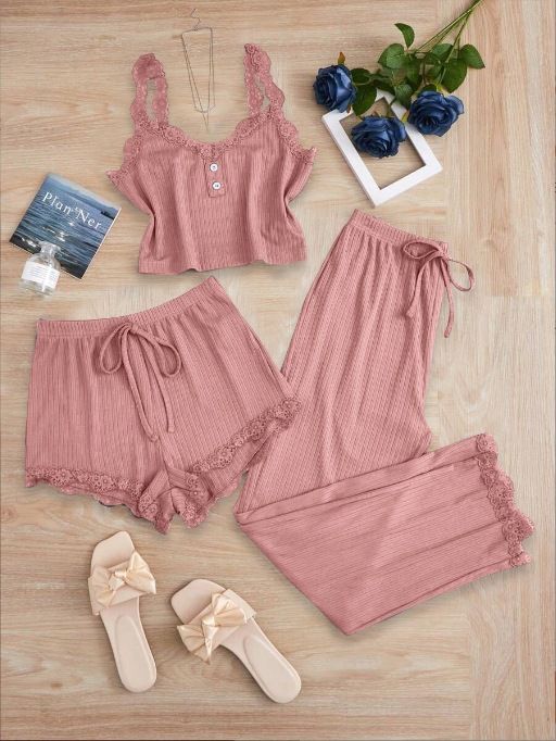Subtle Lace Women Pajamas Set Sleepwear Pink XXXL
