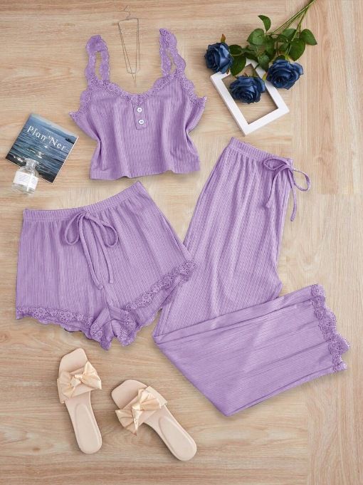 Subtle Lace Women Pajamas Set Sleepwear Light Purple XL