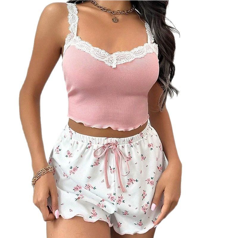 Women Sleepwear Set V Neck Sleeveless Shorts Suit Blue Accept large size view 5