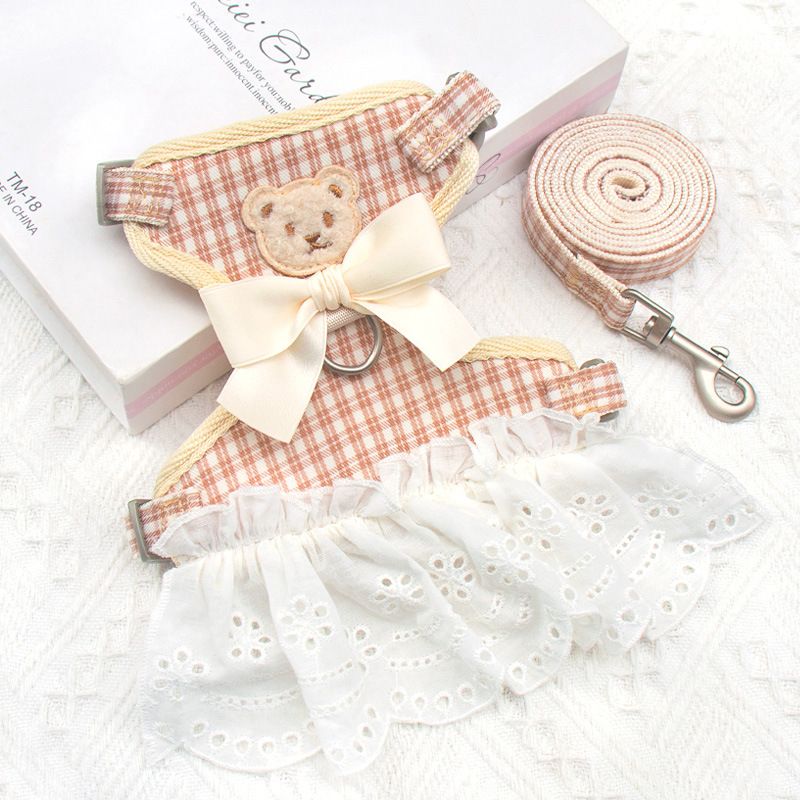 Cat Harness Polyester Bow Anti Escape Pet Leash Apricot small grid M