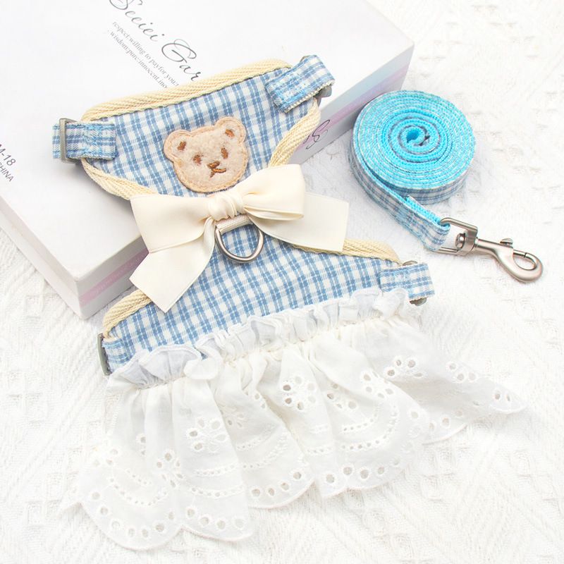 Cat Harness Polyester Bow Anti Escape Pet Leash Blue grid M (Suggested 3.50