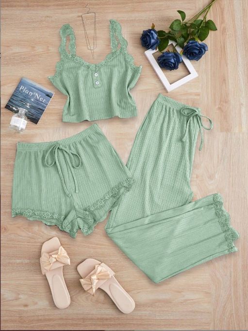 Subtle Lace Women Pajamas Set Sleepwear Mustard Green XL