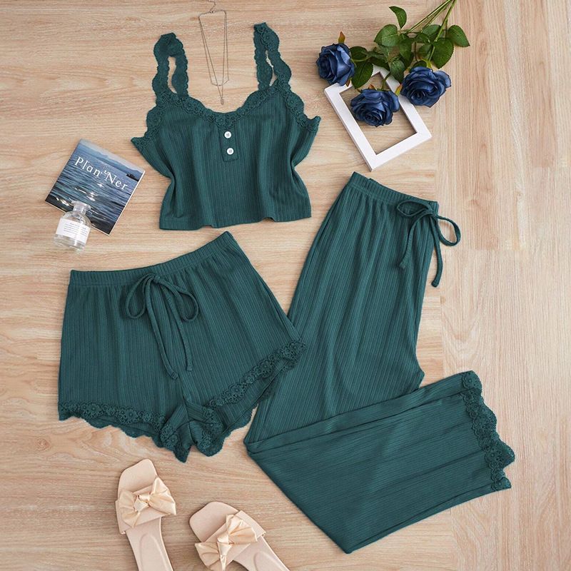 Subtle Lace Women Pajamas Set Sleepwear Forest Green XXL