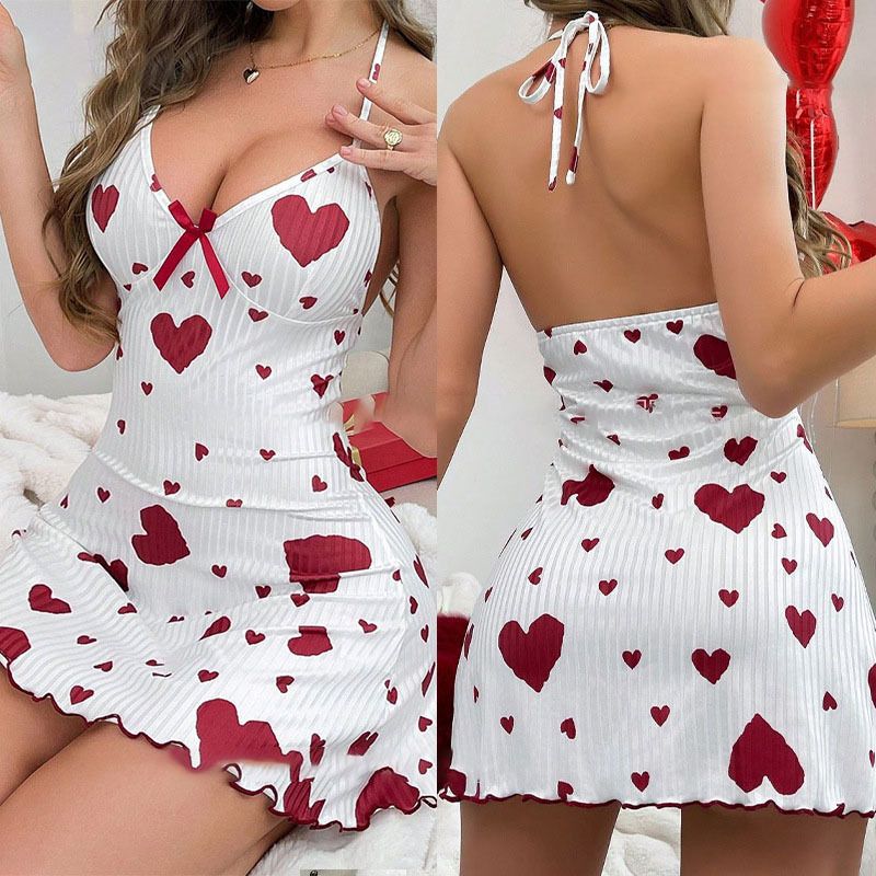 Women Sleeveless Milk Silk Sleepwear Set Heart Print view 2