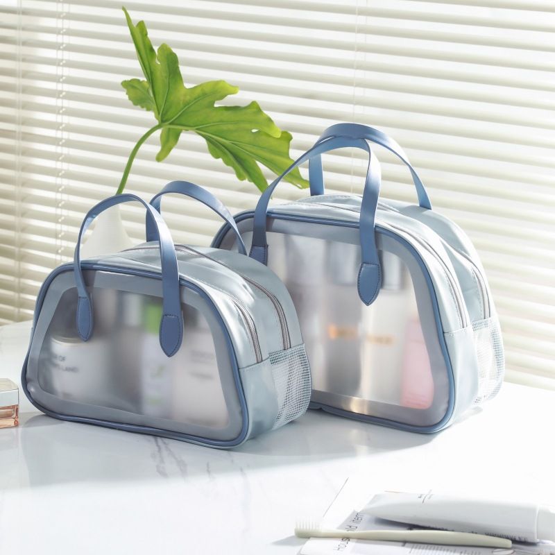 Trapezoidal Waterproof Travel Cosmetic Bag Large Blue Trapezoidal dry and wet view 4