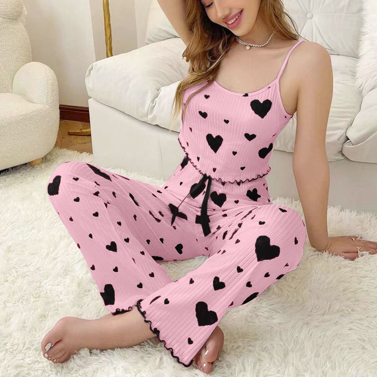Women Polyester Pajamas Set Sleeveless Printed Sleepwear Pink and Black XL