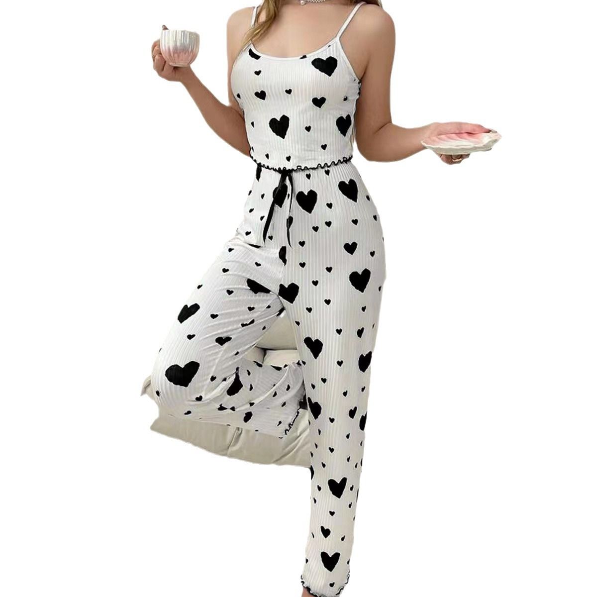 Women Polyester Pajamas Set Sleeveless Printed Sleepwear White and Blue XL view 6