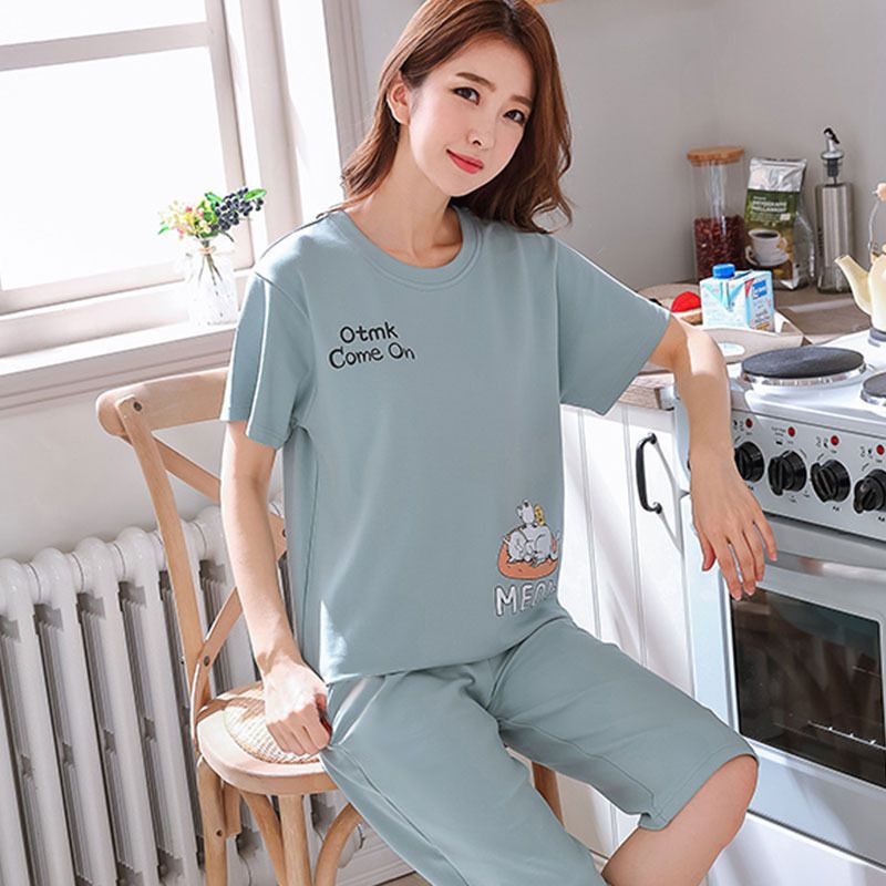 Women Cartoon Pajama Set Summer Thin Polyester S short-sleeved shorts green