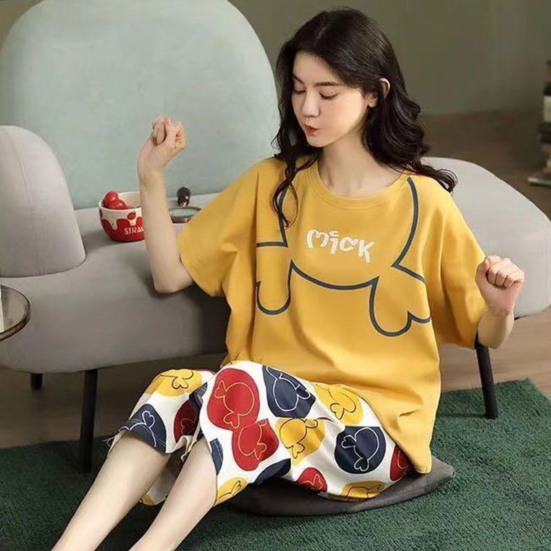 Women Cartoon Pajama Set Summer Thin Polyester S short-sleeved shorts green view 5