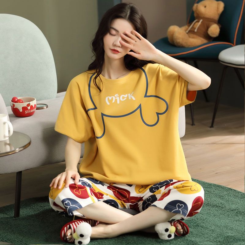 Women Cartoon Pajama Set Summer Thin Polyester S short-sleeved shorts green view 2