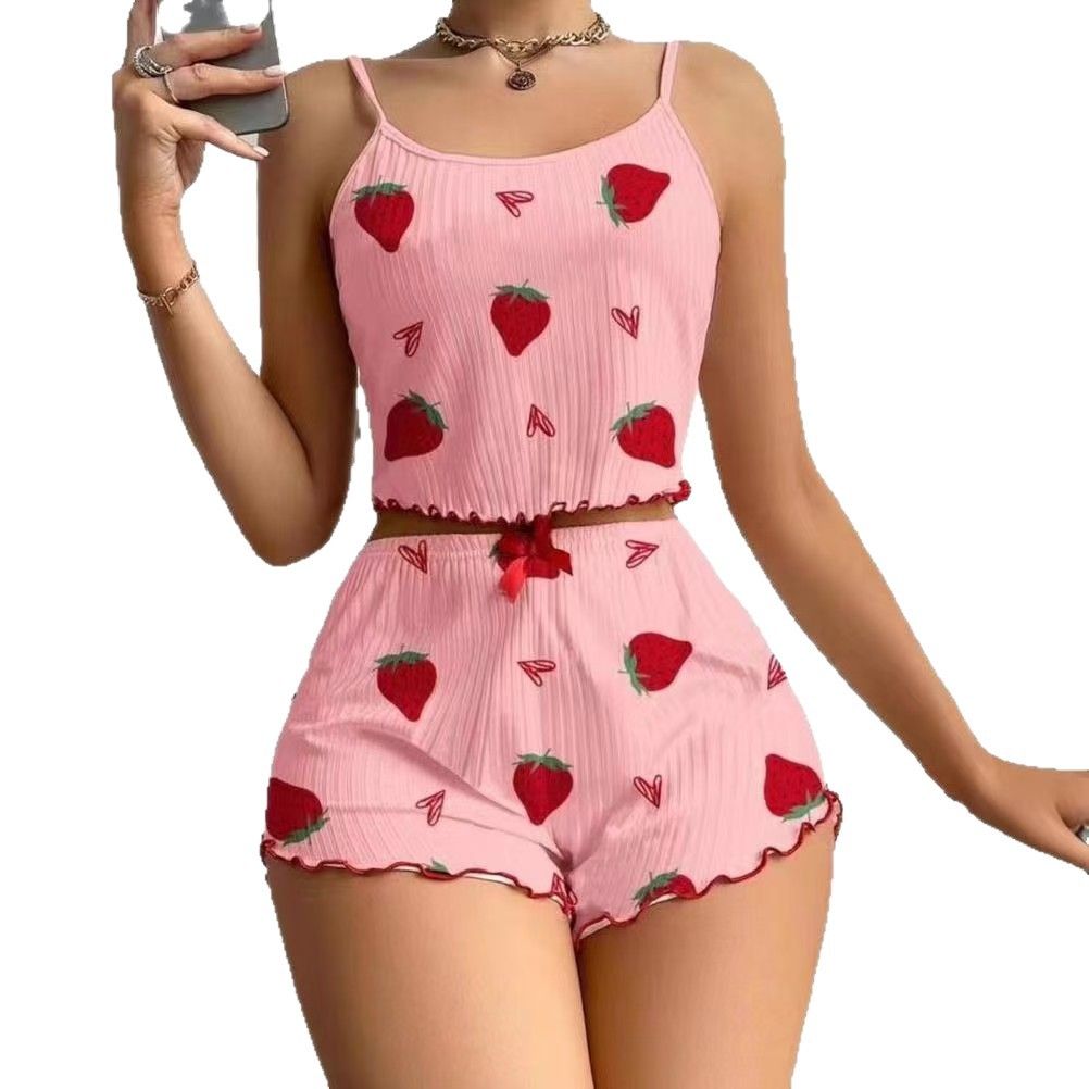 Women Sleepwear Set Summer Spandex Print Cherry on white background M view 6