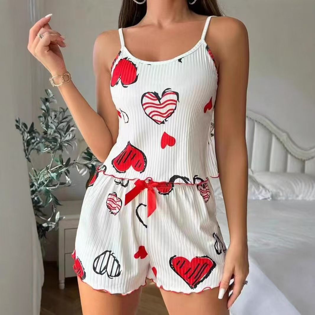 Women Sleepwear Set Summer Spandex Print Cherry on white background L view 3