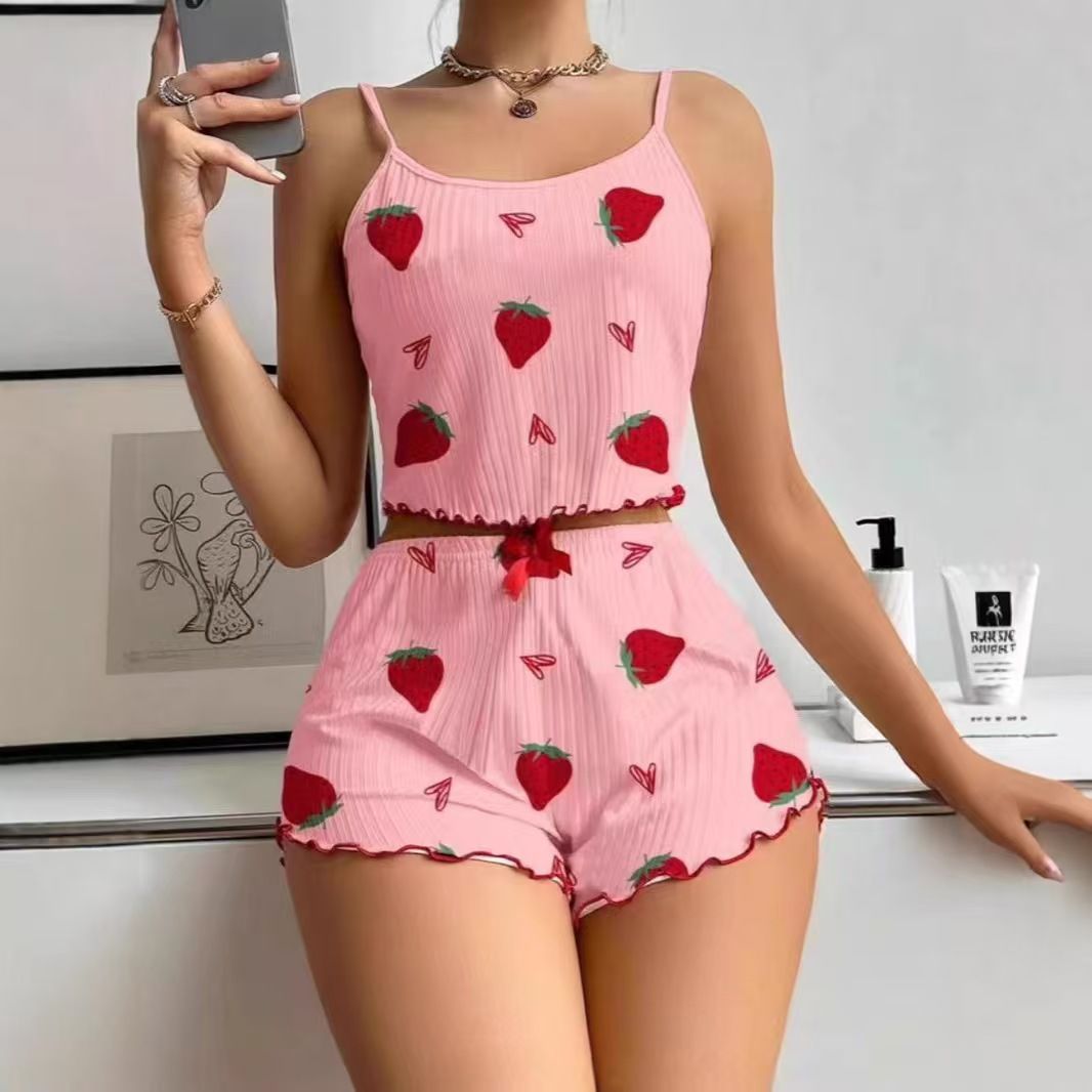 Women Sleepwear Set Summer Spandex Print Cherry on white background XL view 5