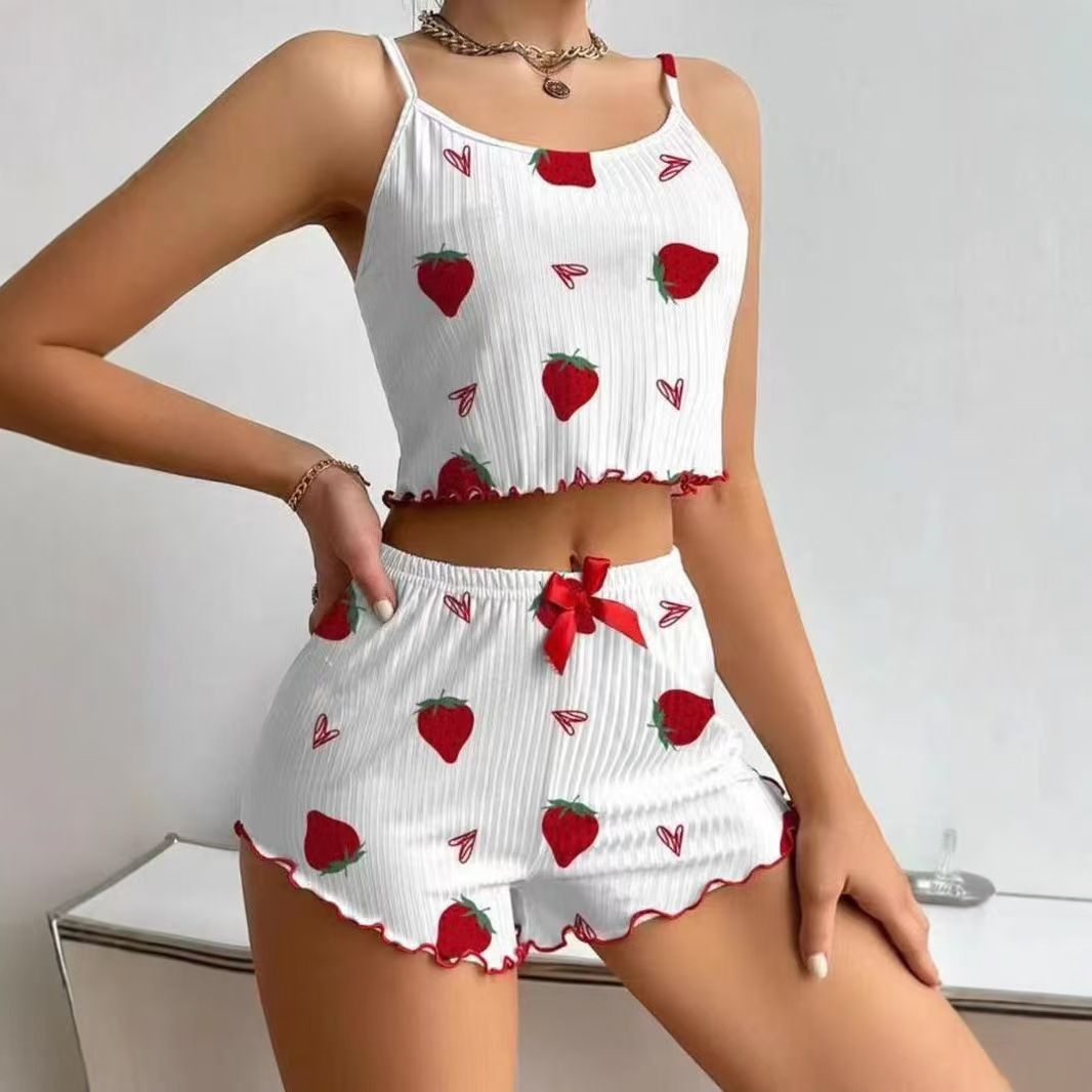 Women Sleepwear Set Summer Spandex Print Cherry on white background XXL view 2