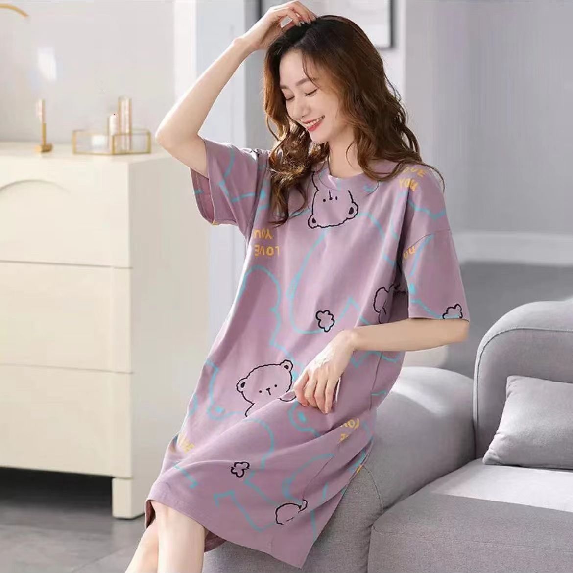 Women Summer Sleepwear Polyester Loose Dress Purple