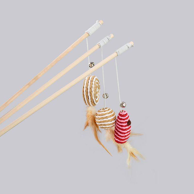 Wooden Cat Teaser Stick Water Drop Pet Feather Mouse Wooden pole round ball view 3