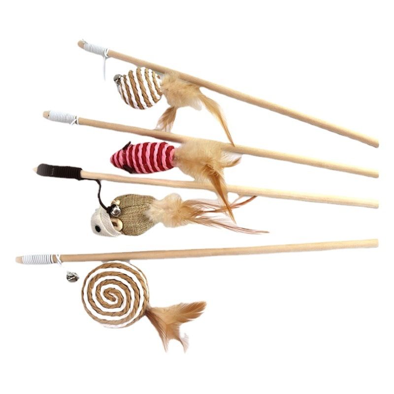 Wooden Cat Teaser Stick Water Drop Pet Feather Mouse Wooden feather chick As view 2