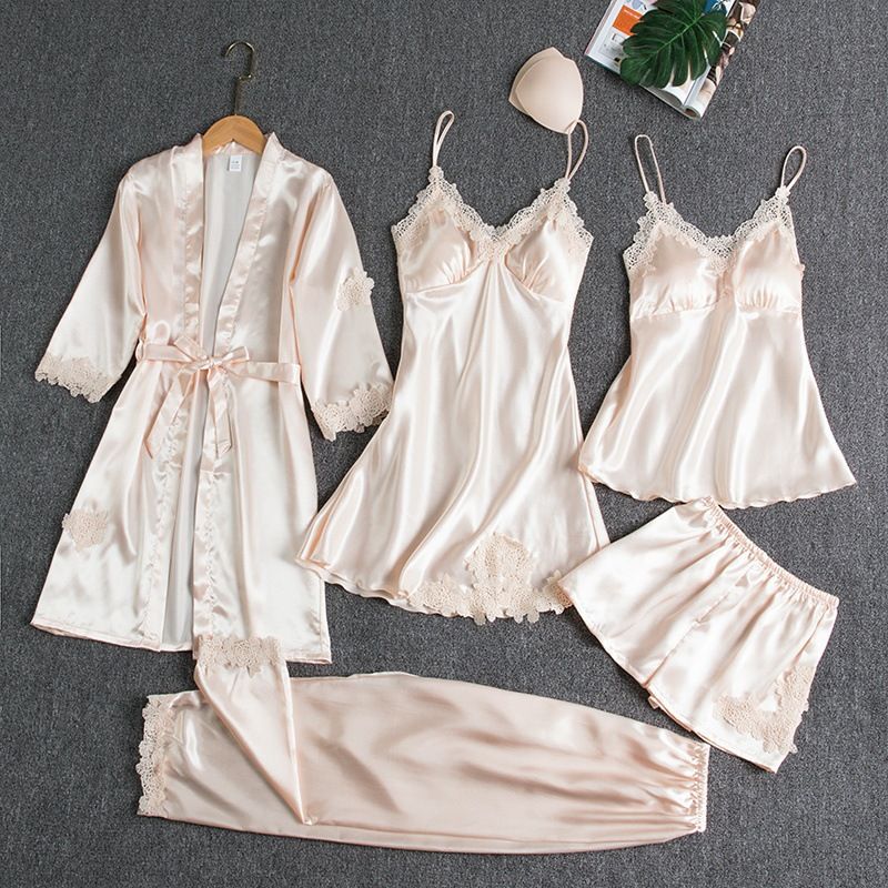 Women Sleepwear Set Long Sleeve Ice Silk Champagne XXL