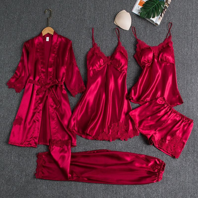 Women Sleepwear Set Long Sleeve Ice Silk Burgundy M
