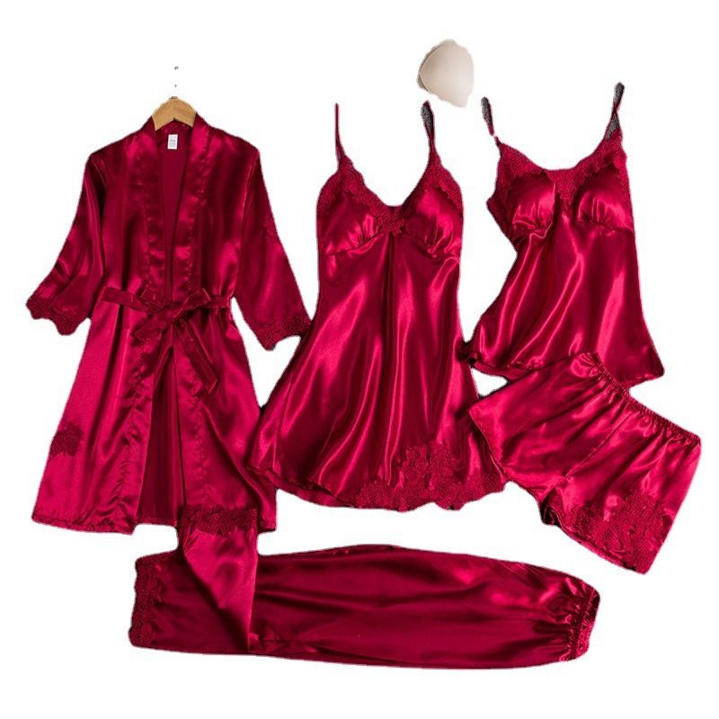Women Sleepwear Set Long Sleeve Ice Silk Black view 6