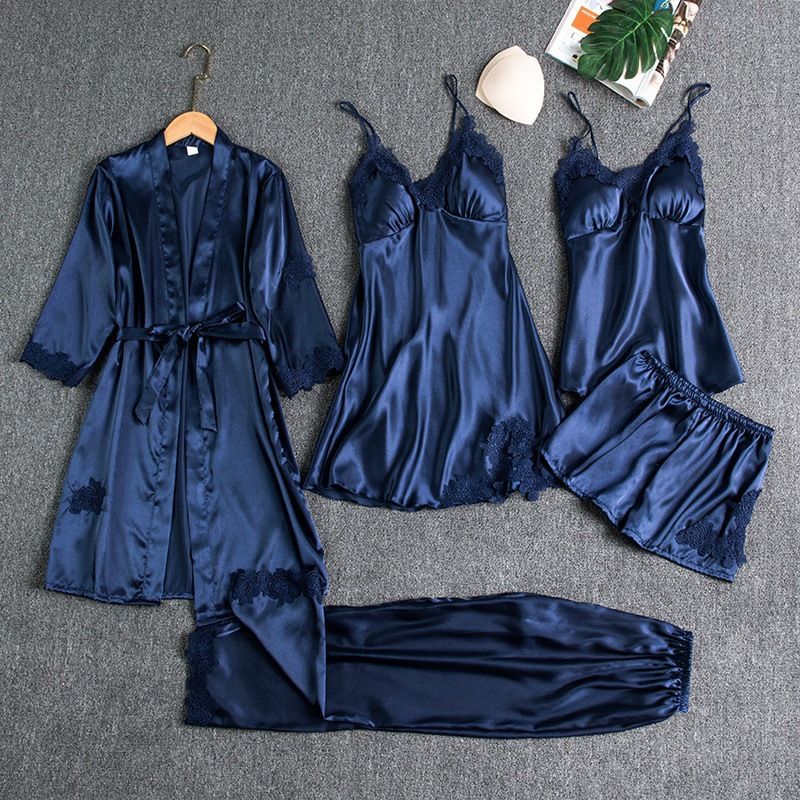 Women Sleepwear Set Long Sleeve Ice Silk Gray view 3