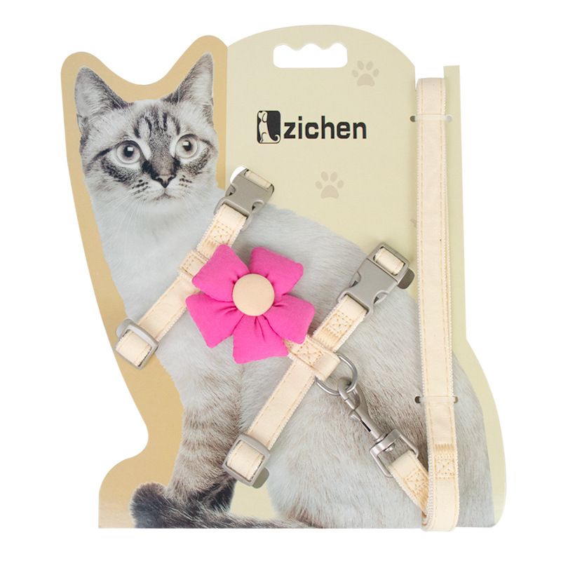 Cat Harness Polyester Bow Anti Escape Pet Leash Beige flowers M (Suggested