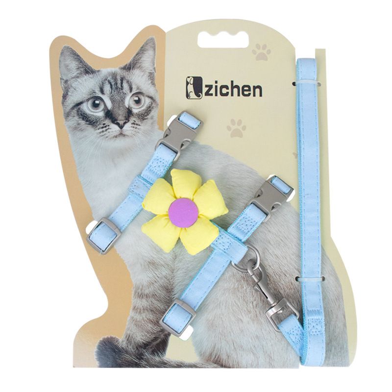 Cat Harness Polyester Bow Anti Escape Pet Leash Blue flowers S (recommended