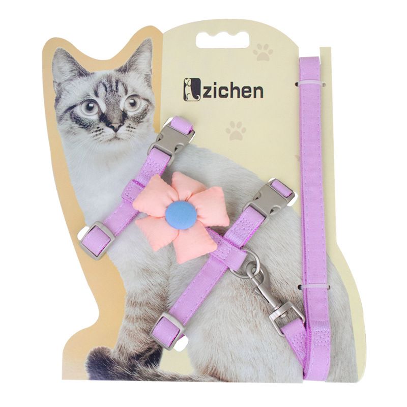 Cat Harness Polyester Bow Anti Escape Pet Leash Purple flowers S (recommended