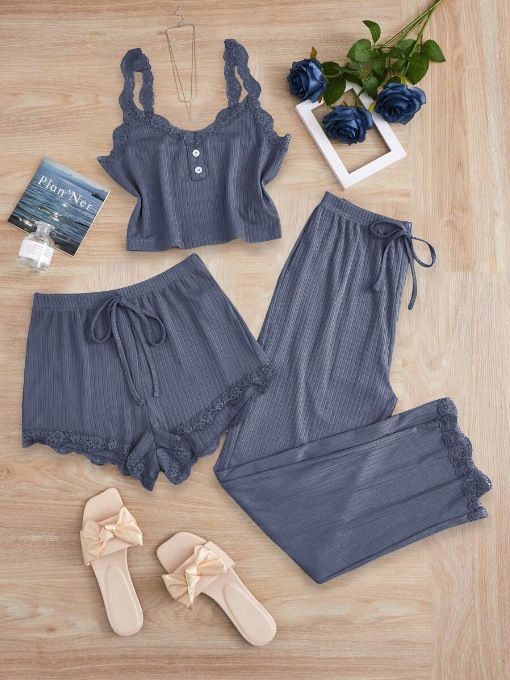 Subtle Lace Women Pajamas Set Sleepwear Gray Blue 6XL — image 1