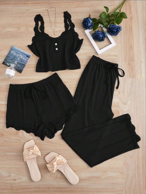 Subtle Lace Women Pajamas Set Sleepwear Black 5XL — image 1