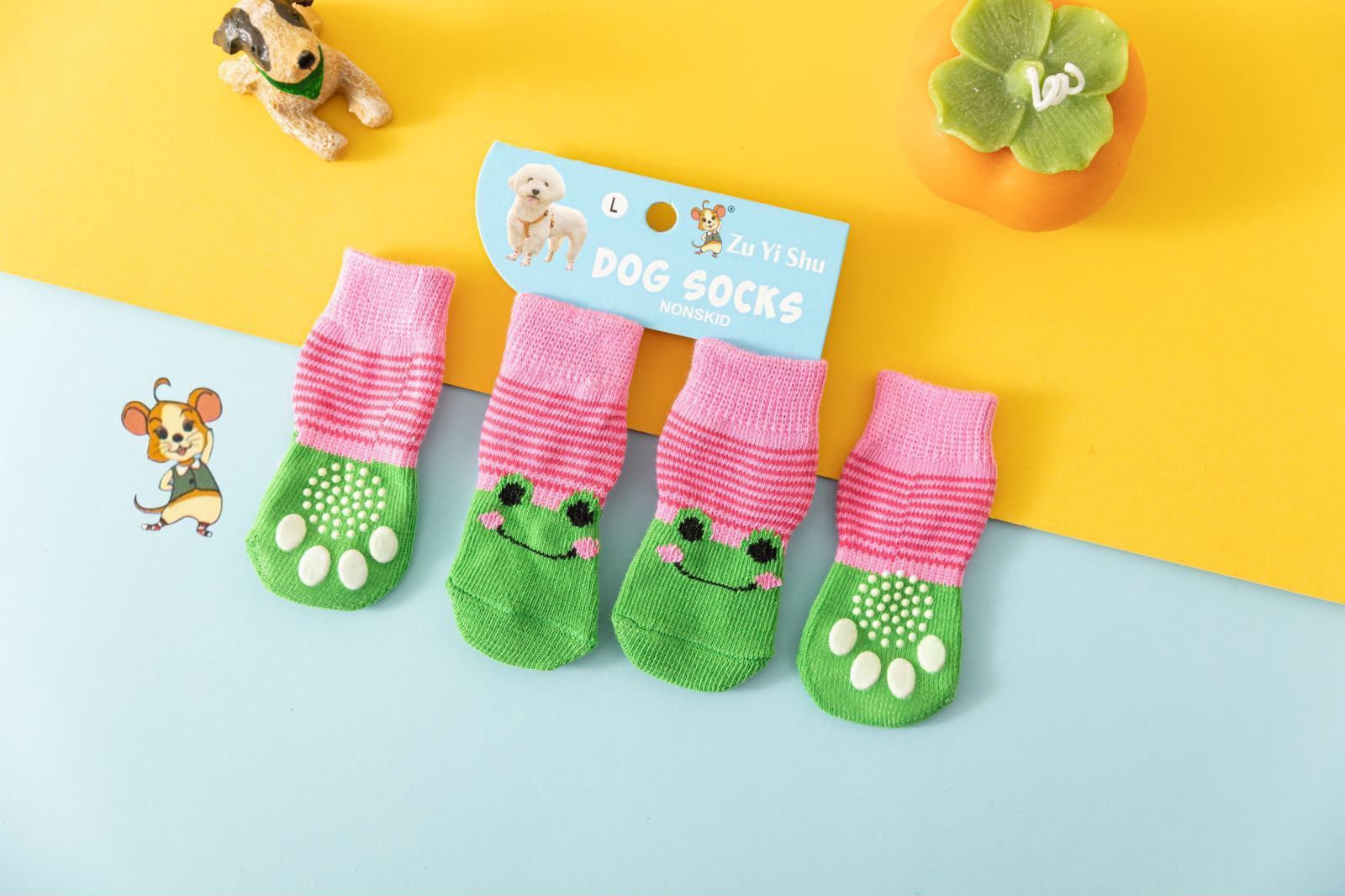 Foot art mouse Pet Socks Cartoon Anti Slip Pink frog S [recommended foot width