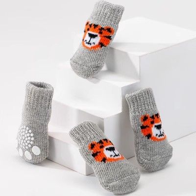 Foot art mouse Pet Socks Cartoon Anti Slip Gray Tiger L [recommended foot