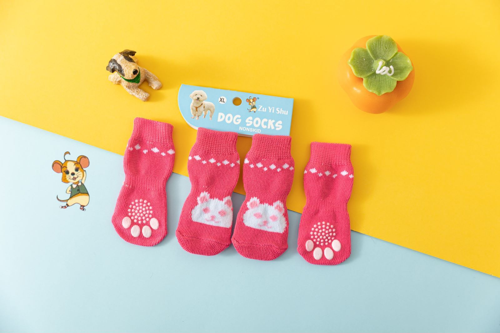 Foot art mouse Pet Socks Cartoon Anti Slip Pink Rabbit Xl-super large