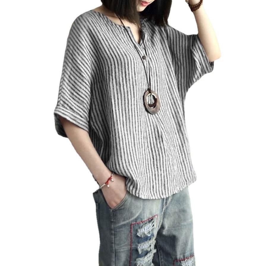 Women Striped Cotton Blend Batwing Casual Top T-Shirt grey L view 5
