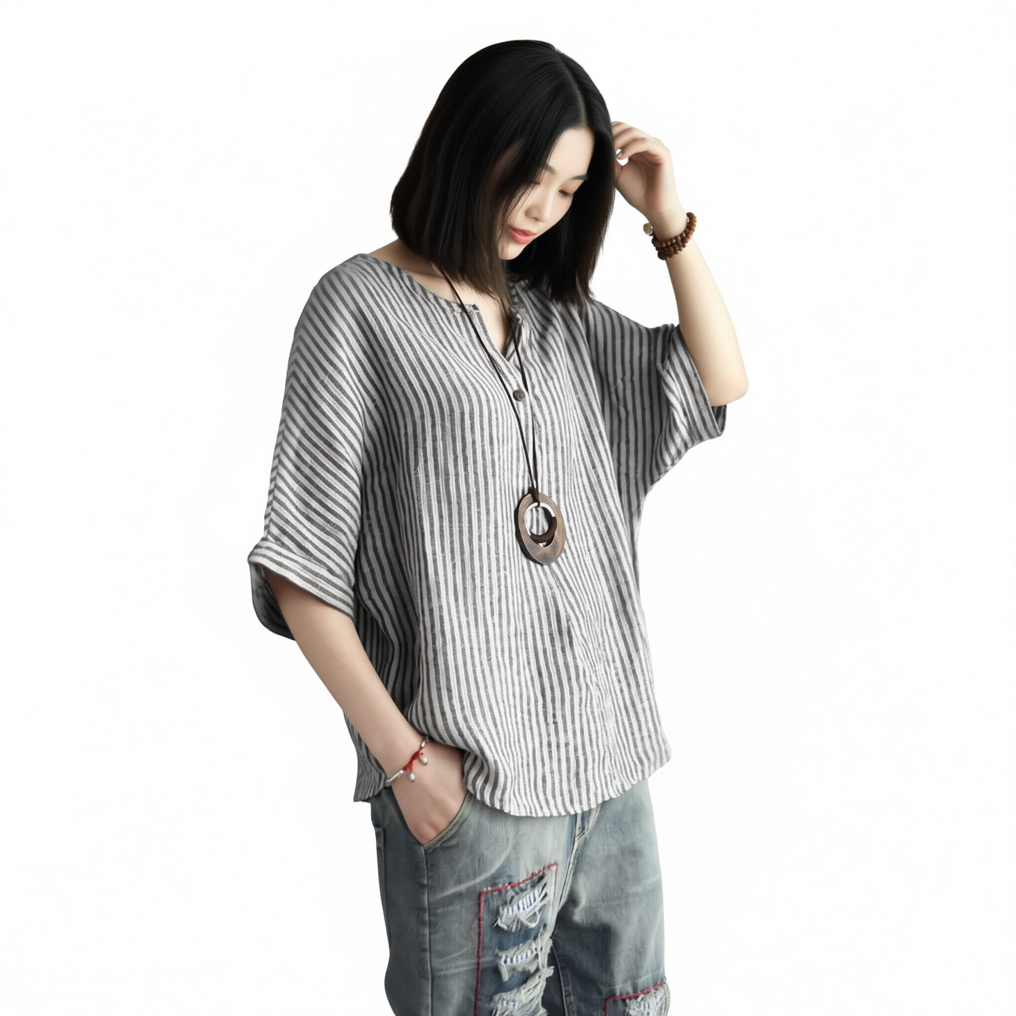 Women Striped Cotton Blend Batwing Casual Top T-Shirt grey XL