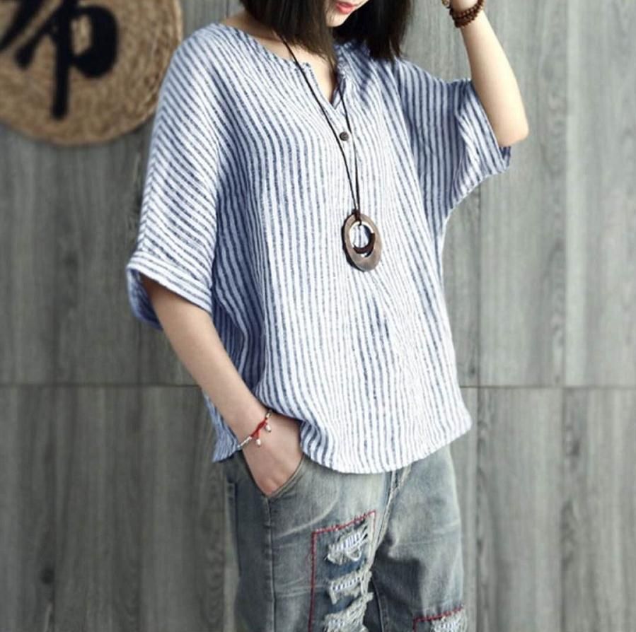 Women Striped Cotton Blend Batwing Casual Top T-Shirt Blue L
