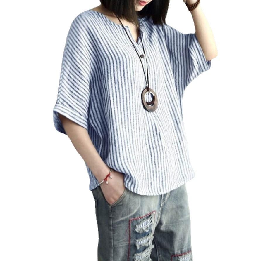 Women Striped Cotton Blend Batwing Casual Top T-Shirt Blue L view 2