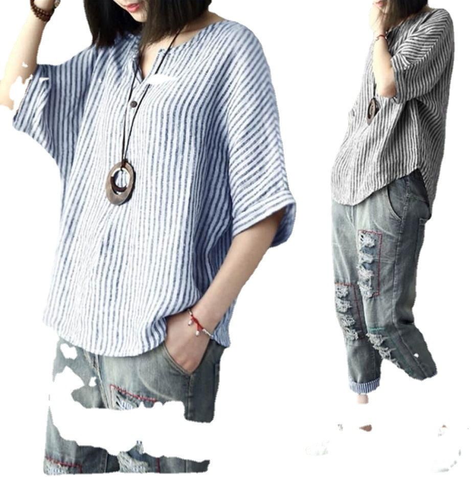 Women Striped Cotton Blend Batwing Casual Top T-Shirt Blue 3XL view 6
