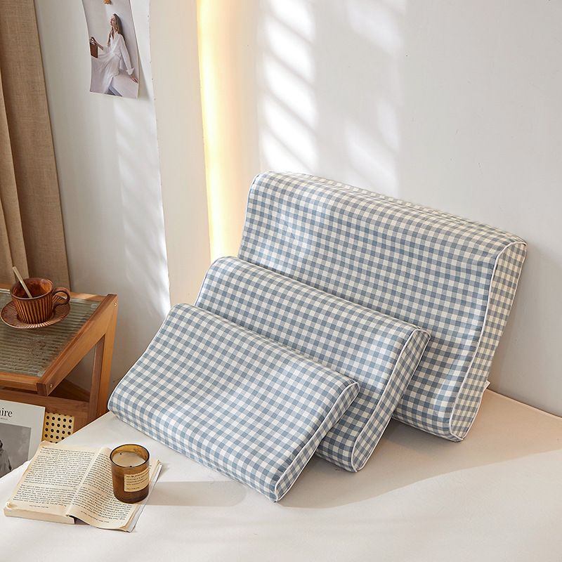 Mengxuan Cotton Pillowcase 4060 Lan three-part grid Latex cotton pillowcase
