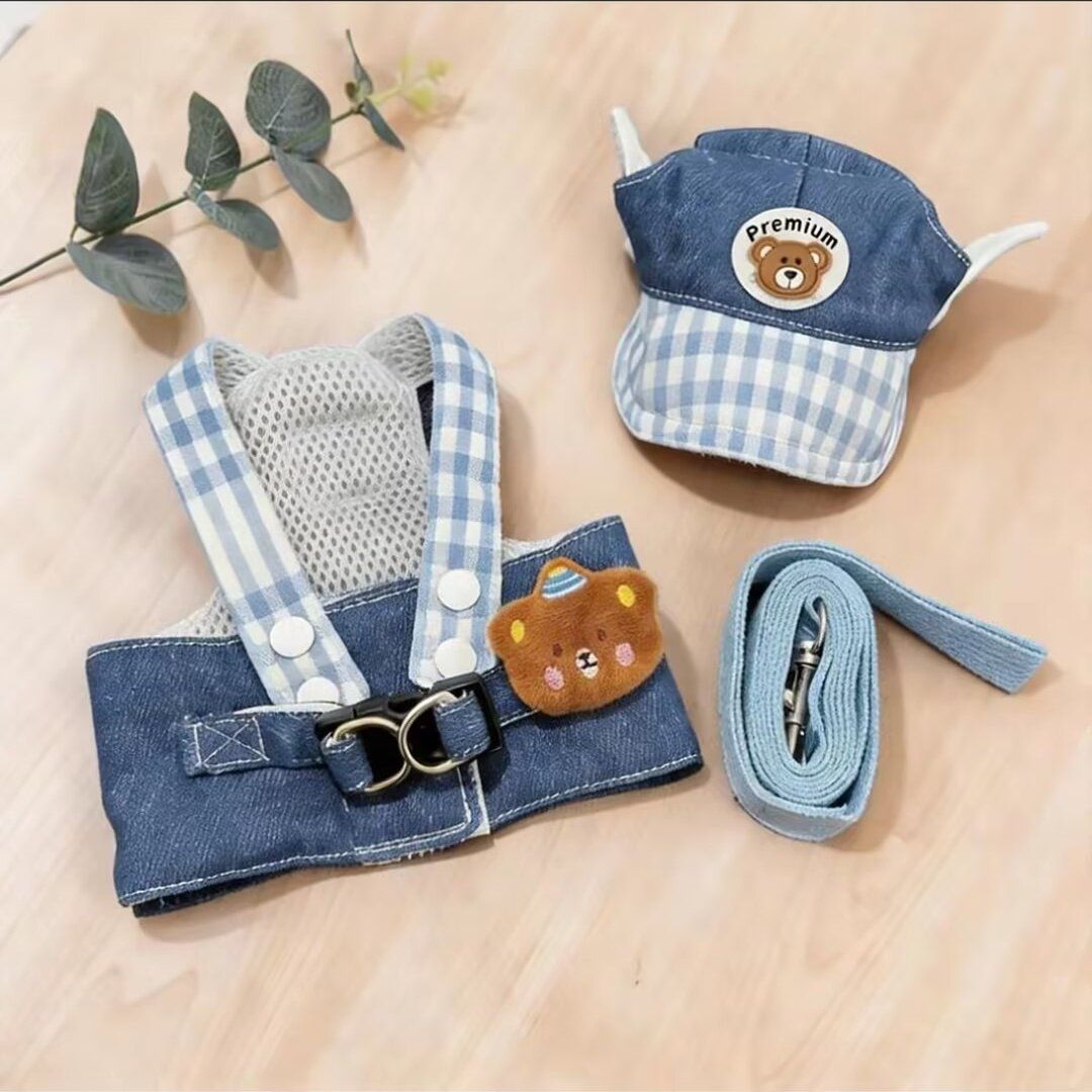 Amoor Cat Harness Leash Set Polyester Blue bear [hat + chest + rope] XL