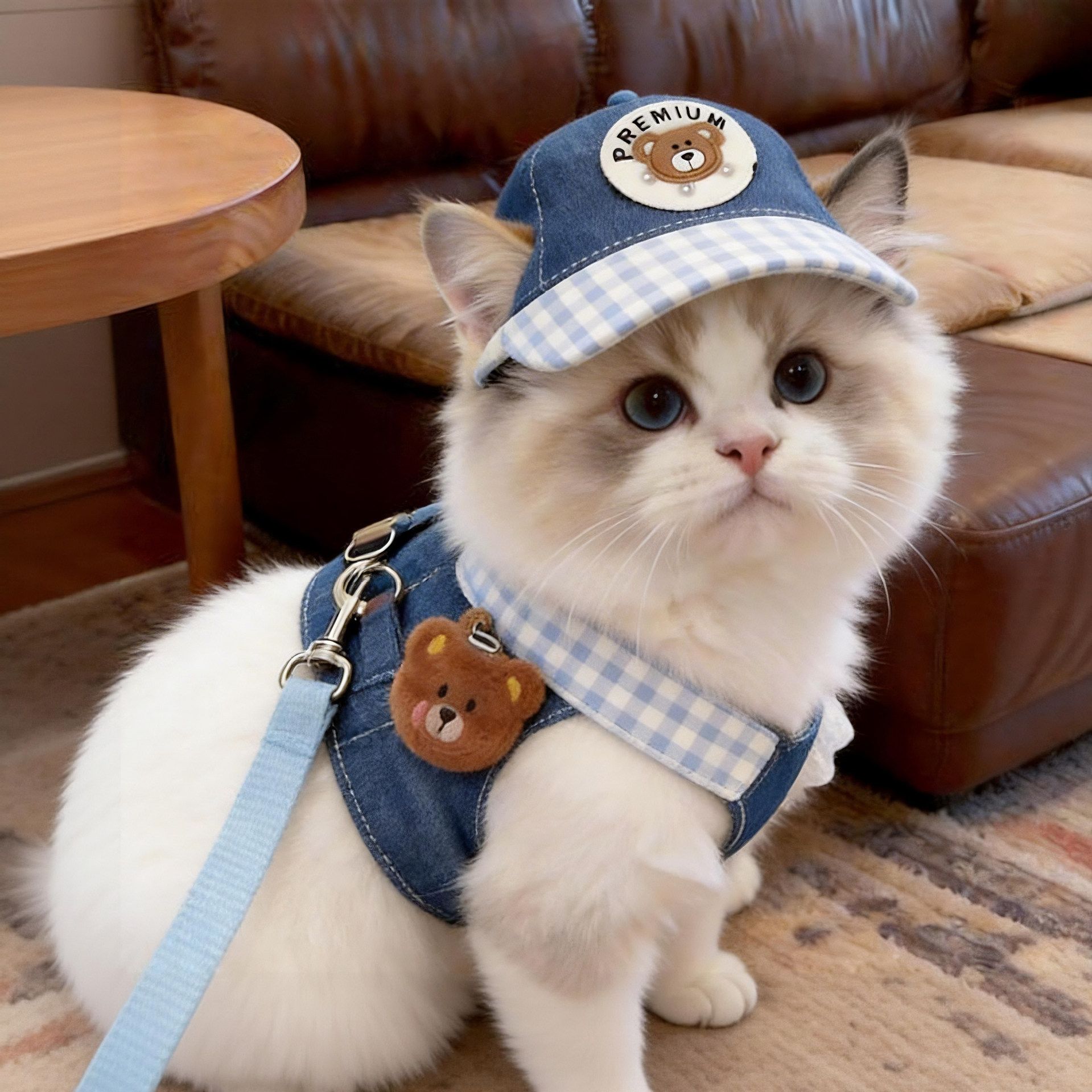 Amoor Cat Harness Leash Set Polyester Blue bear [hat + chest + rope] XL view 2