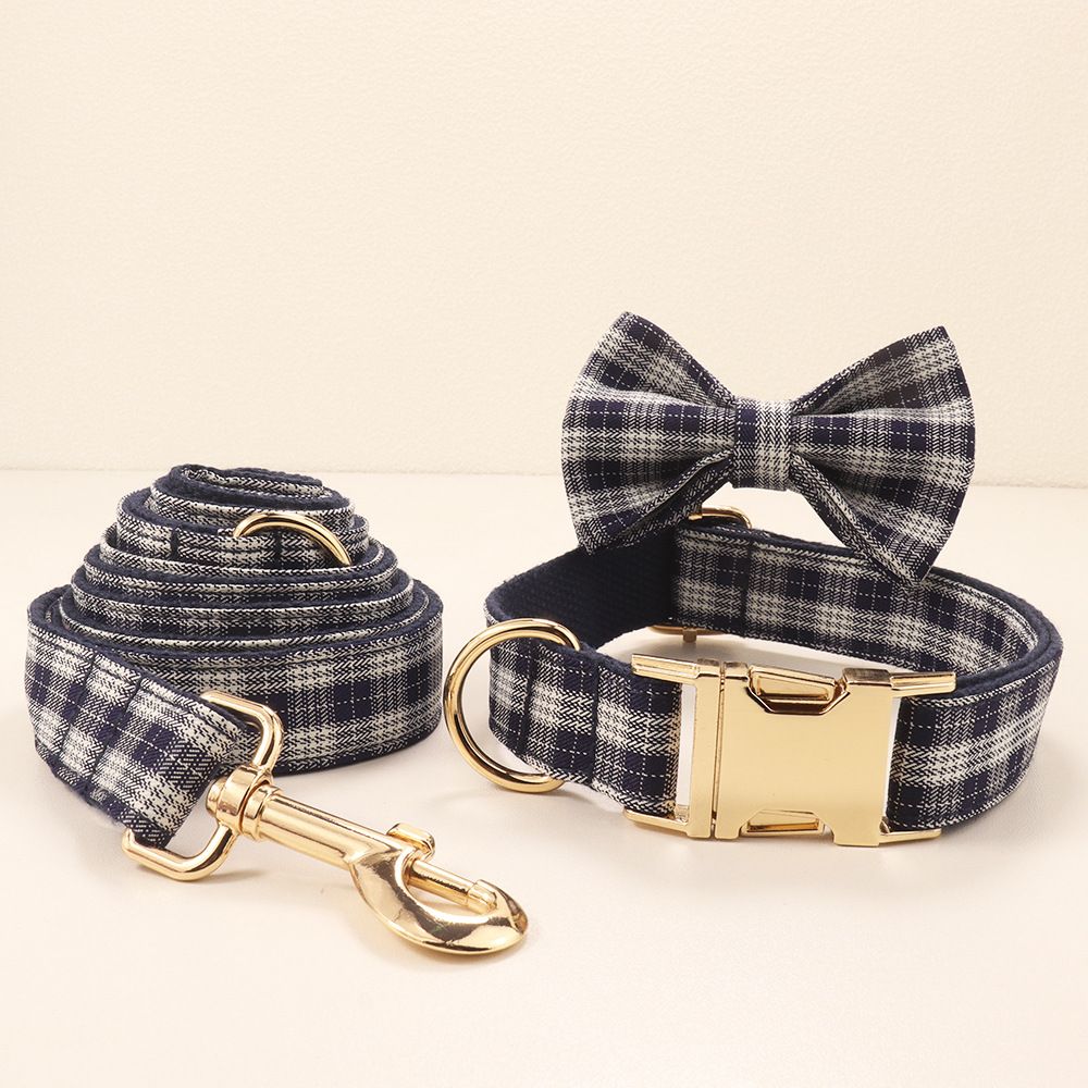 MEO GATTINO Polyester Dog Harness Adjustable Khaki Plaid Collar and rope L view 2