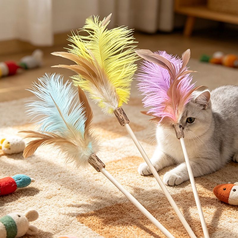 Shengyu Wooden Cat Teaser Wand with Feather and Bell Yellow view 3